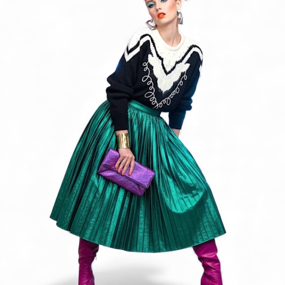 Vtg 80s angora blend statement shoulder black white pearl embellished sweater L - Picture 1 of 14